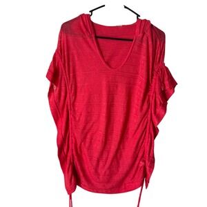 Roxy Womens Pink Knit Hooded Ruched Side V-Neck Short Sleeve Top Medium